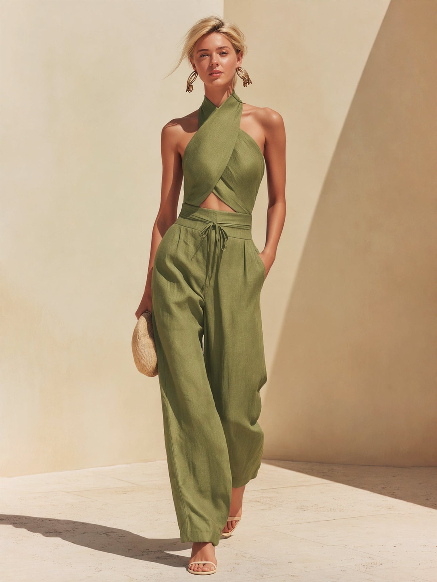 Liserie Linen Halter Neck Crop Top & Wide Leg Pants Set