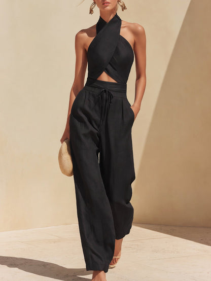 Liserie Linen Halter Neck Crop Top & Wide Leg Pants Set