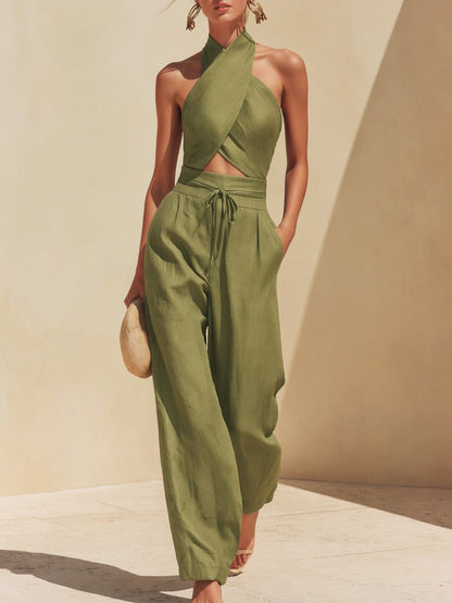 Liserie Linen Halter Neck Crop Top & Wide Leg Pants Set