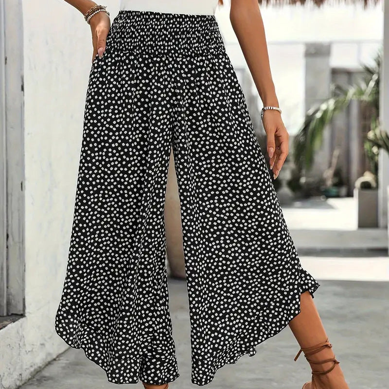 Casual printed high-waisted ruffle wide-leg pants in Black - front view | Ashmere