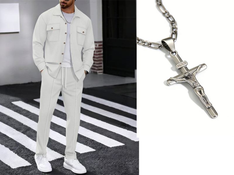 Men's Waffle Knit Jacket & Trousers Set in White — side view | Ashmere