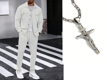 Men's Waffle Knit Jacket & Trousers Set in White — side view | Ashmere