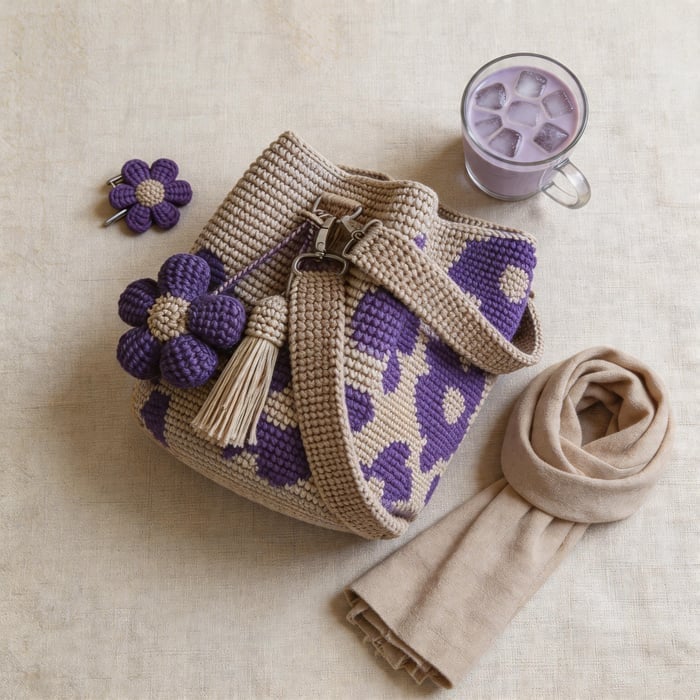Handmade Crochet Flower Tote Bag in [NEW] Cosmic Purple — back view | Ashmere