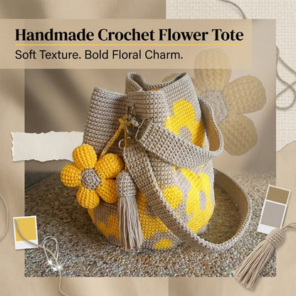 Handmade Crochet Flower Tote Bag in Daisy Yellow — front view | Ashmere