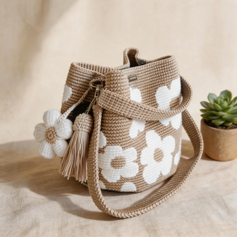 Handmade Crochet Flower Tote Bag in [NEW] White — lifestyle shot | Ashmere