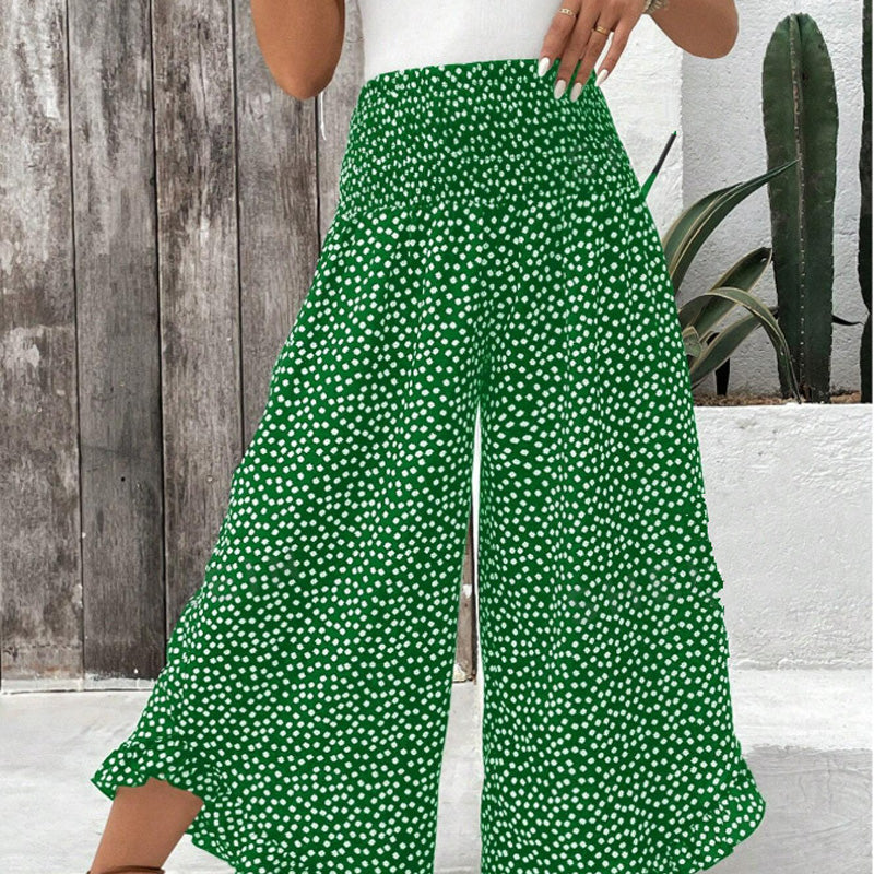 Casual printed high-waisted ruffle wide-leg pants - side view | Ashmere