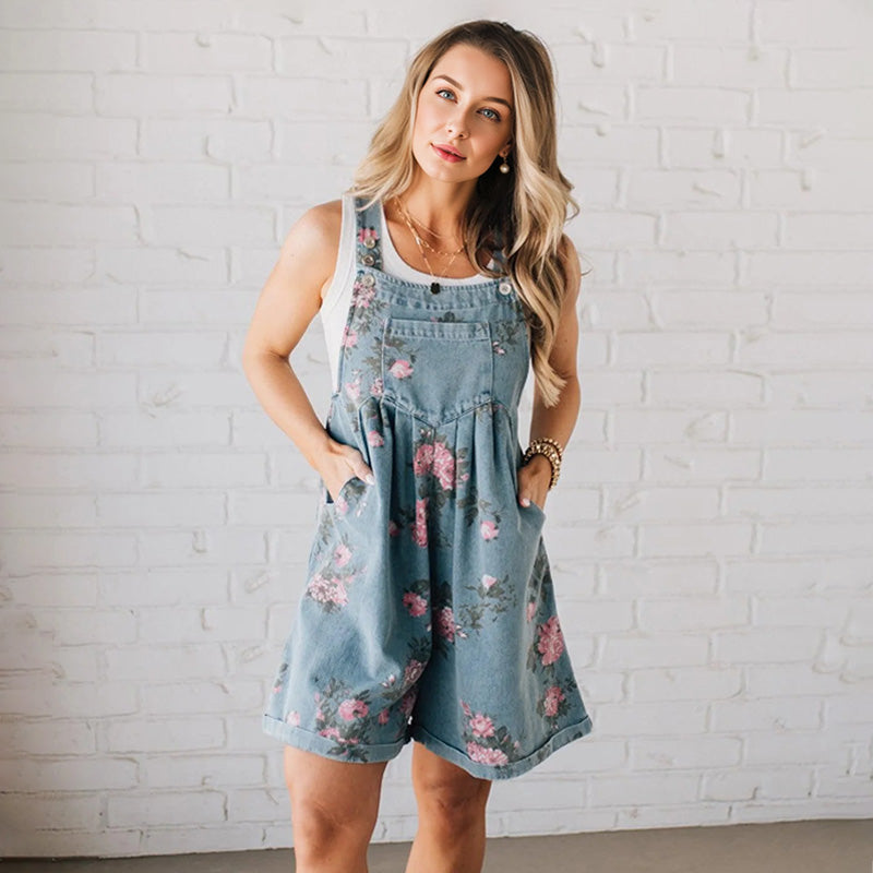 Vintage Floral Denim Jumpsuit in Blue — back view | Ashmere