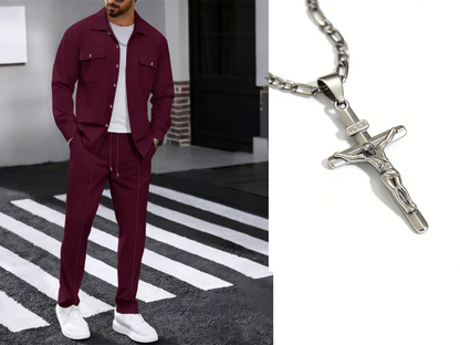Men's Waffle Knit Jacket & Trousers Set in White — close-up detail | Ashmere