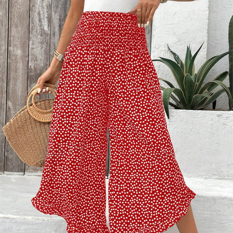 Casual printed high-waisted ruffle wide-leg pants - detail view | Ashmere