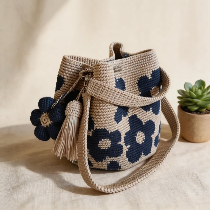 Handmade Crochet Flower Tote Bag in [NEW] Classic Navy — detail view | Ashmere