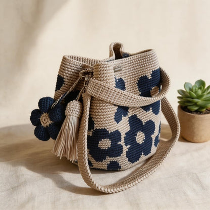 Handmade Crochet Flower Tote Bag in [NEW] Classic Navy — detail view | Ashmere