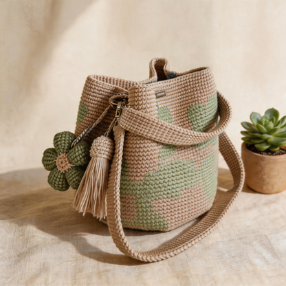 Handmade Crochet Flower Tote Bag in Green — side view | Ashmere
