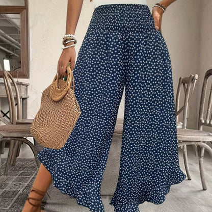 Casual printed high-waisted ruffle wide-leg pants - back view | Ashmere