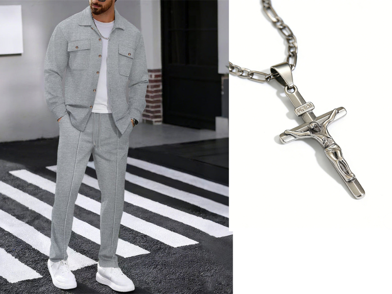 Men's Waffle Knit Jacket & Trousers Set in White — back view | Ashmere