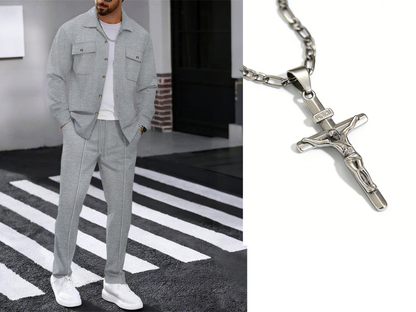 Men's Waffle Knit Jacket & Trousers Set in White — back view | Ashmere