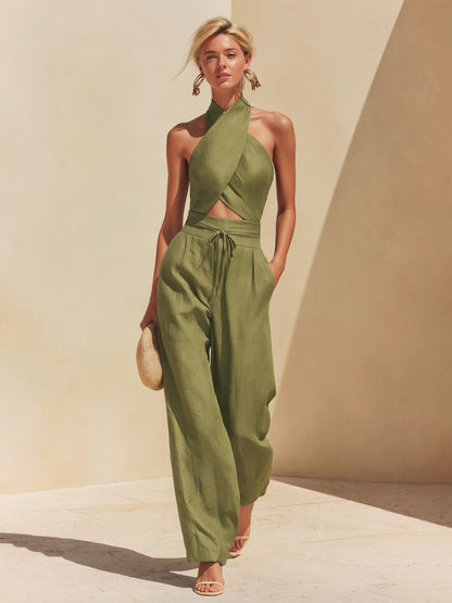Liserie Linen Halter Neck Crop Top & Wide Leg Pants Set