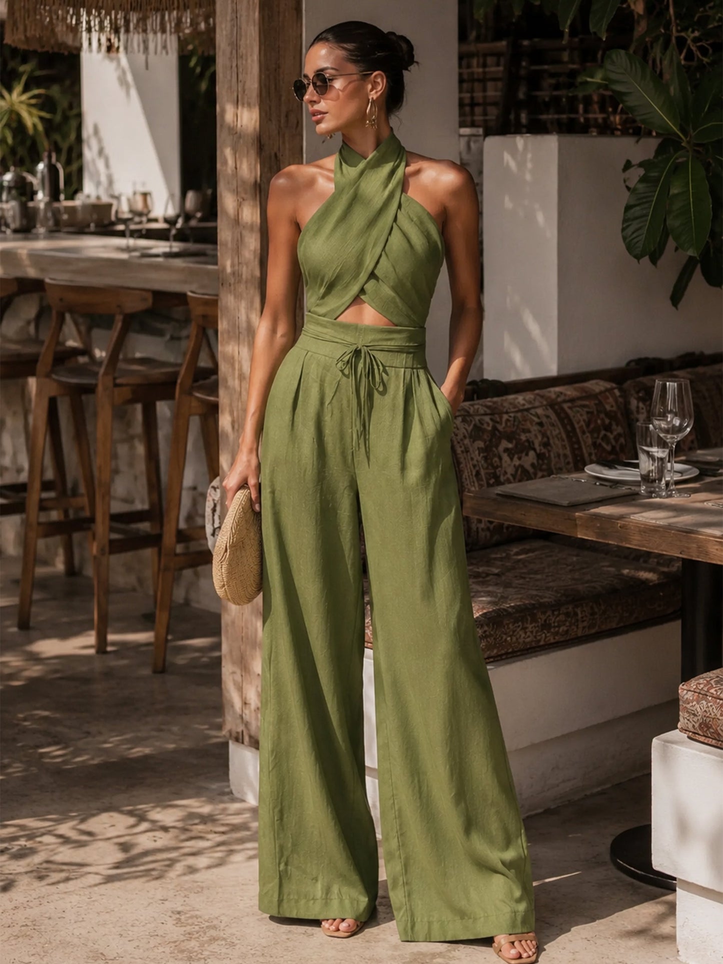 Liserie Linen Halter Neck Crop Top & Wide Leg Pants Set