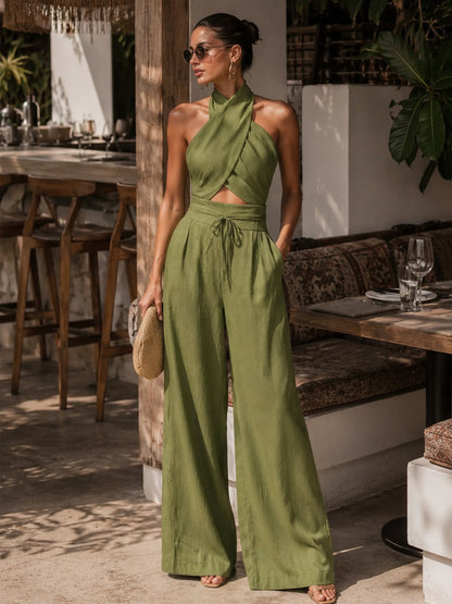 Liserie Linen Halter Neck Crop Top & Wide Leg Pants Set