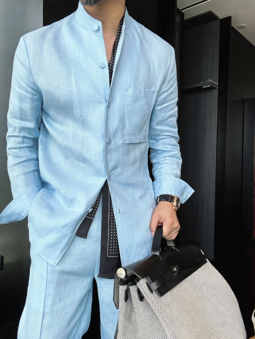 Premium Linen Mandarin Collar 2-Piece Suit | Old Money Style Breathable Set for Men
