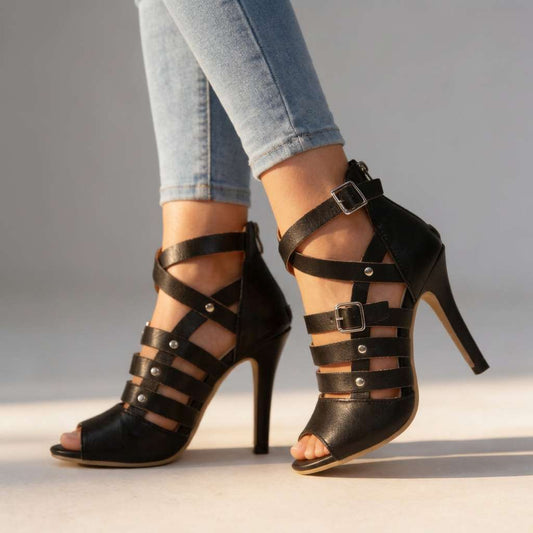 Scarlett Cross-Strap Open Heels in Black - front view | Ashmere