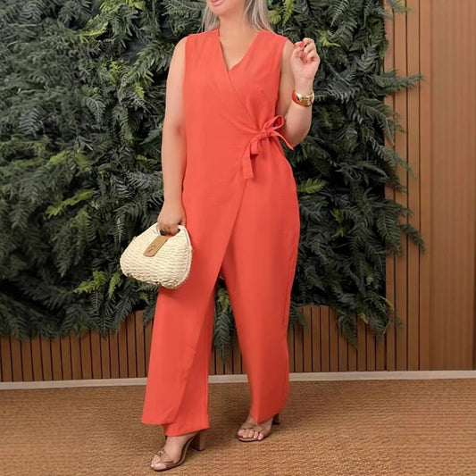 Women's V-Neck Tie-Waist Jumpsuit in Orange — front view | Ashmere