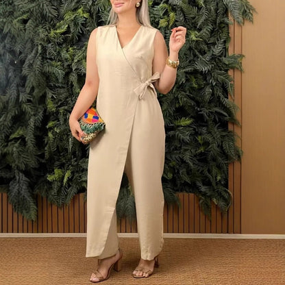 Women's V-Neck Tie-Waist Jumpsuit in Orange — side view | Ashmere