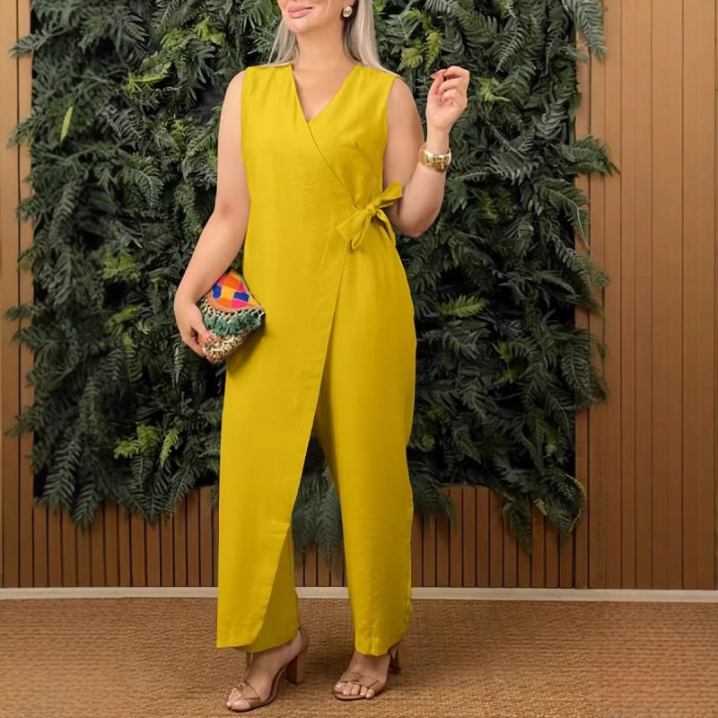 Women's V-Neck Tie-Waist Jumpsuit in Orange — lifestyle shot | Ashmere