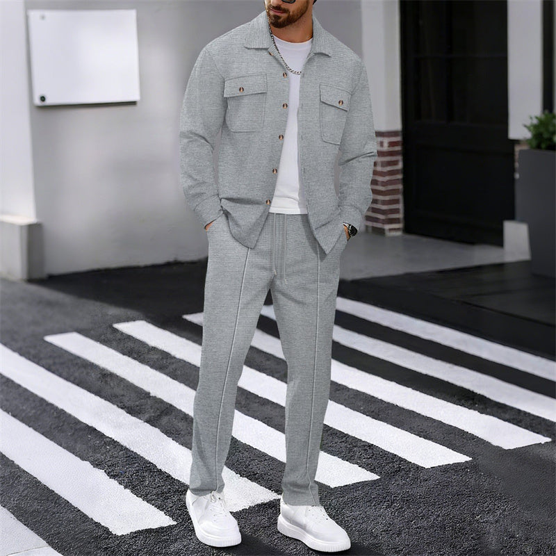 Men's Waffle Knit Jacket & Trousers Set in White — detail view | Ashmere
