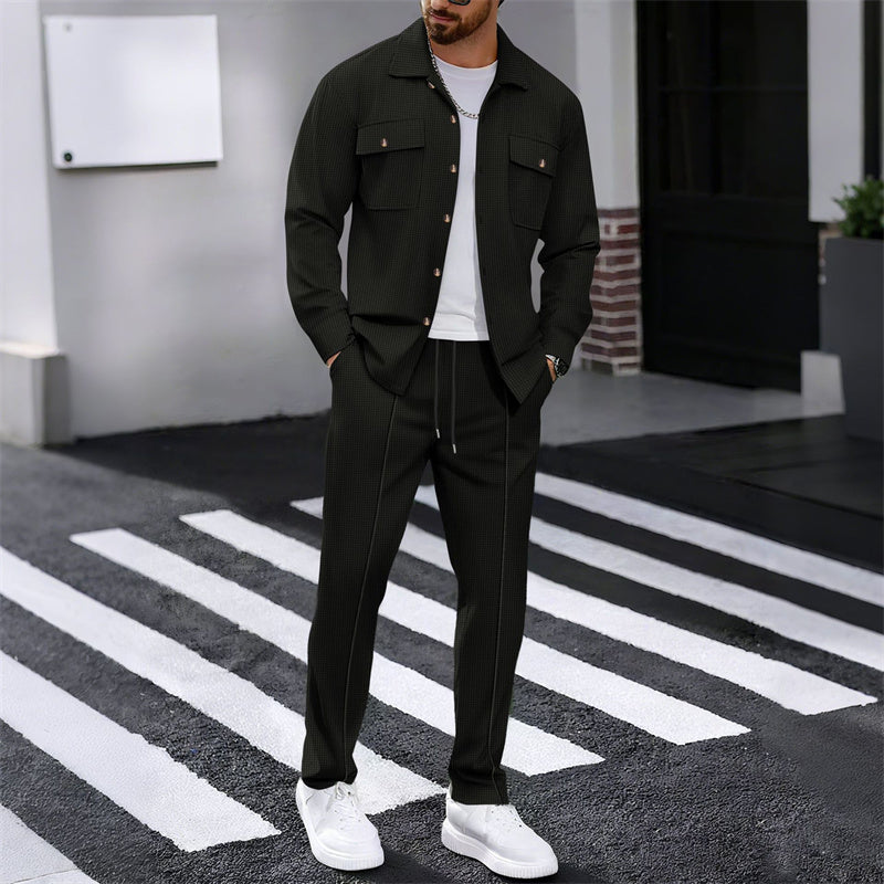 Men's Waffle Knit Jacket & Trousers Set in White — lifestyle shot | Ashmere