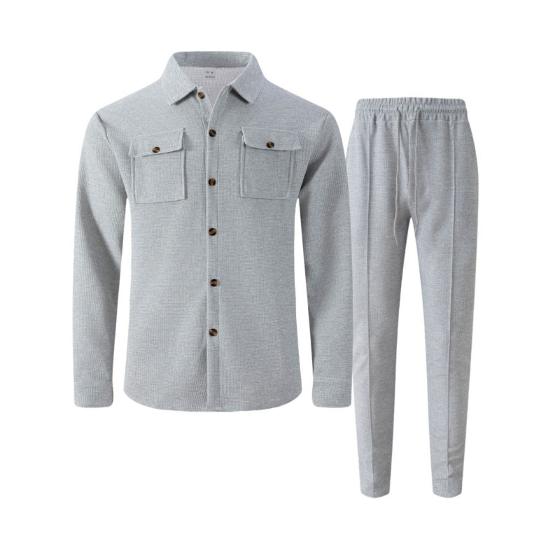 Men's Waffle Knit Jacket & Trousers Set in Gray — full length view | Ashmere