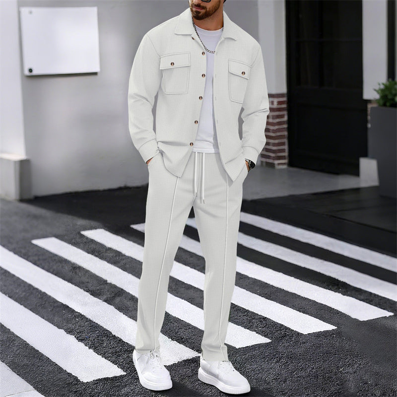 Men's Waffle Knit Jacket & Trousers Set in White — front view | Ashmere